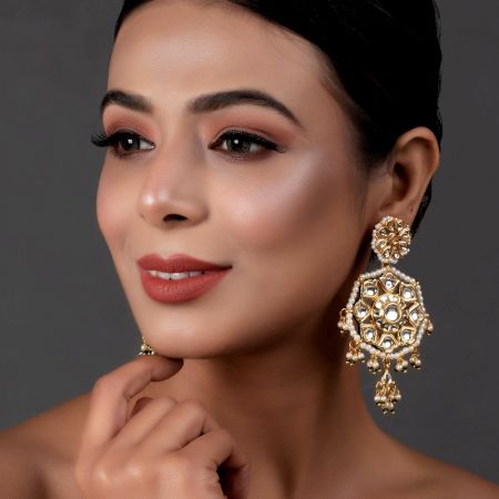 Hexagonal Mirror Cluster Earrings with Pearl & Green Bead Drops Pair